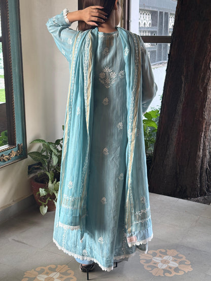 Ice Blue Shade Mulmul Pearl Work Chikankari Anarkali
