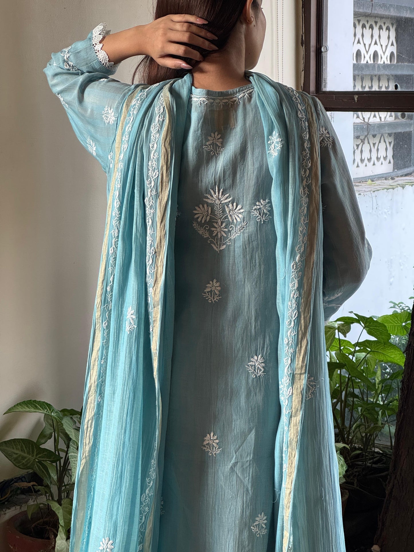 Ice Blue Shade Mulmul Pearl Work Chikankari Anarkali