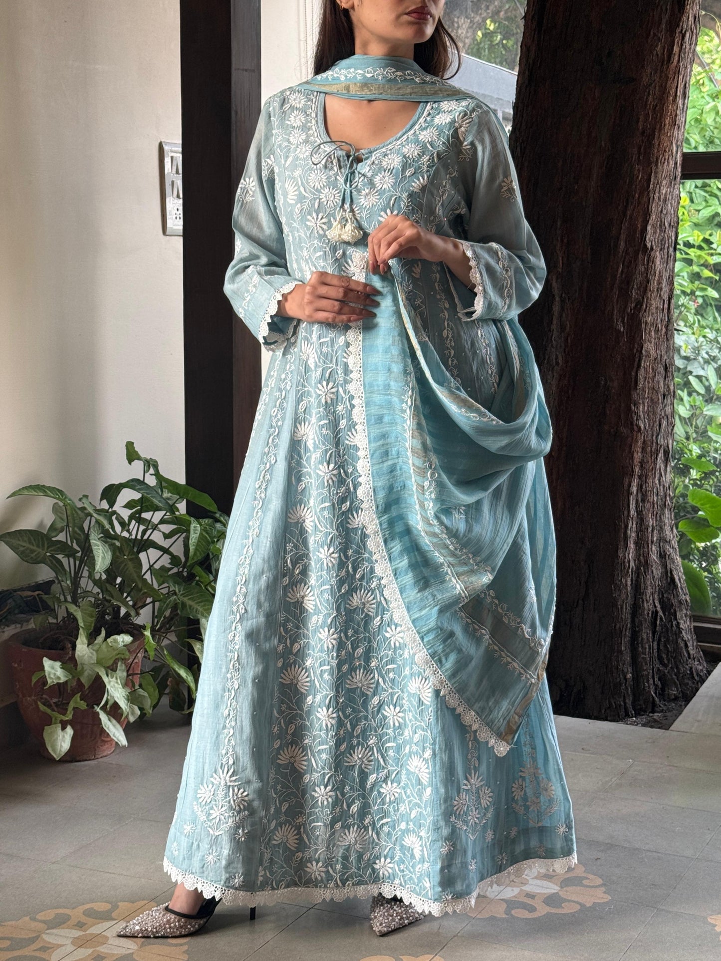 Ice Blue Shade Mulmul Pearl Work Chikankari Anarkali