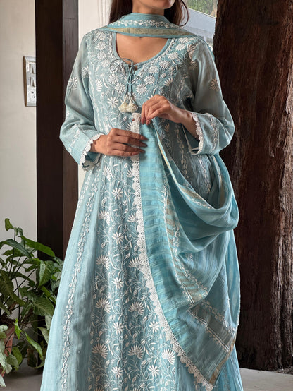Ice Blue Shade Mulmul Pearl Work Chikankari Anarkali