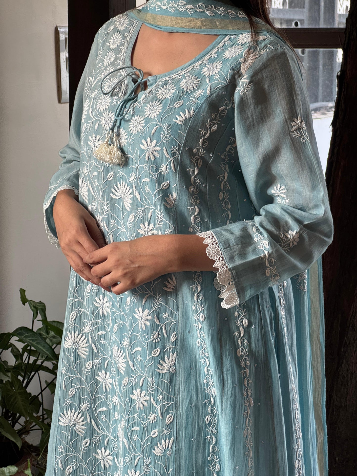 Ice Blue Shade Mulmul Pearl Work Chikankari Anarkali