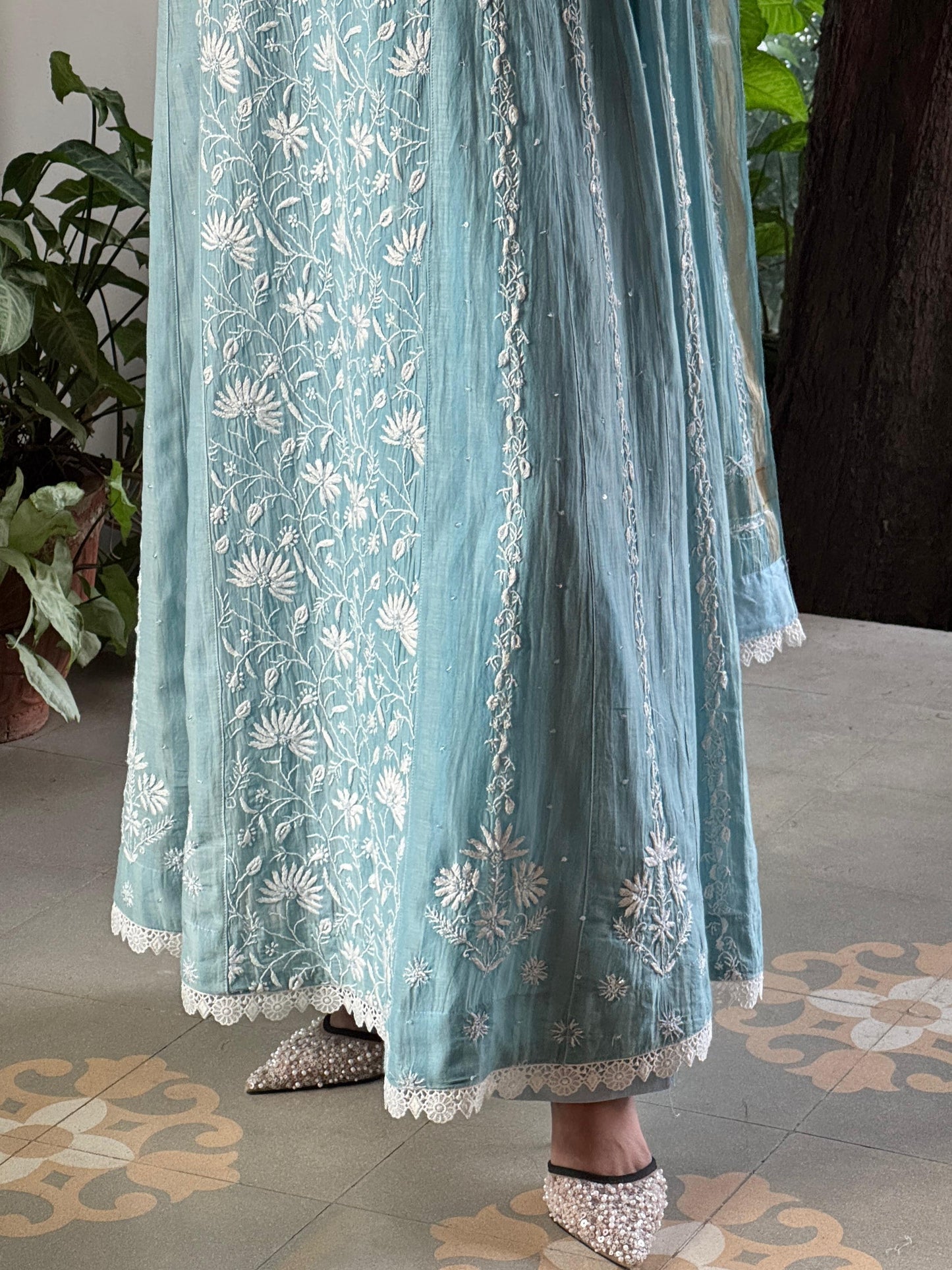Ice Blue Shade Mulmul Pearl Work Chikankari Anarkali