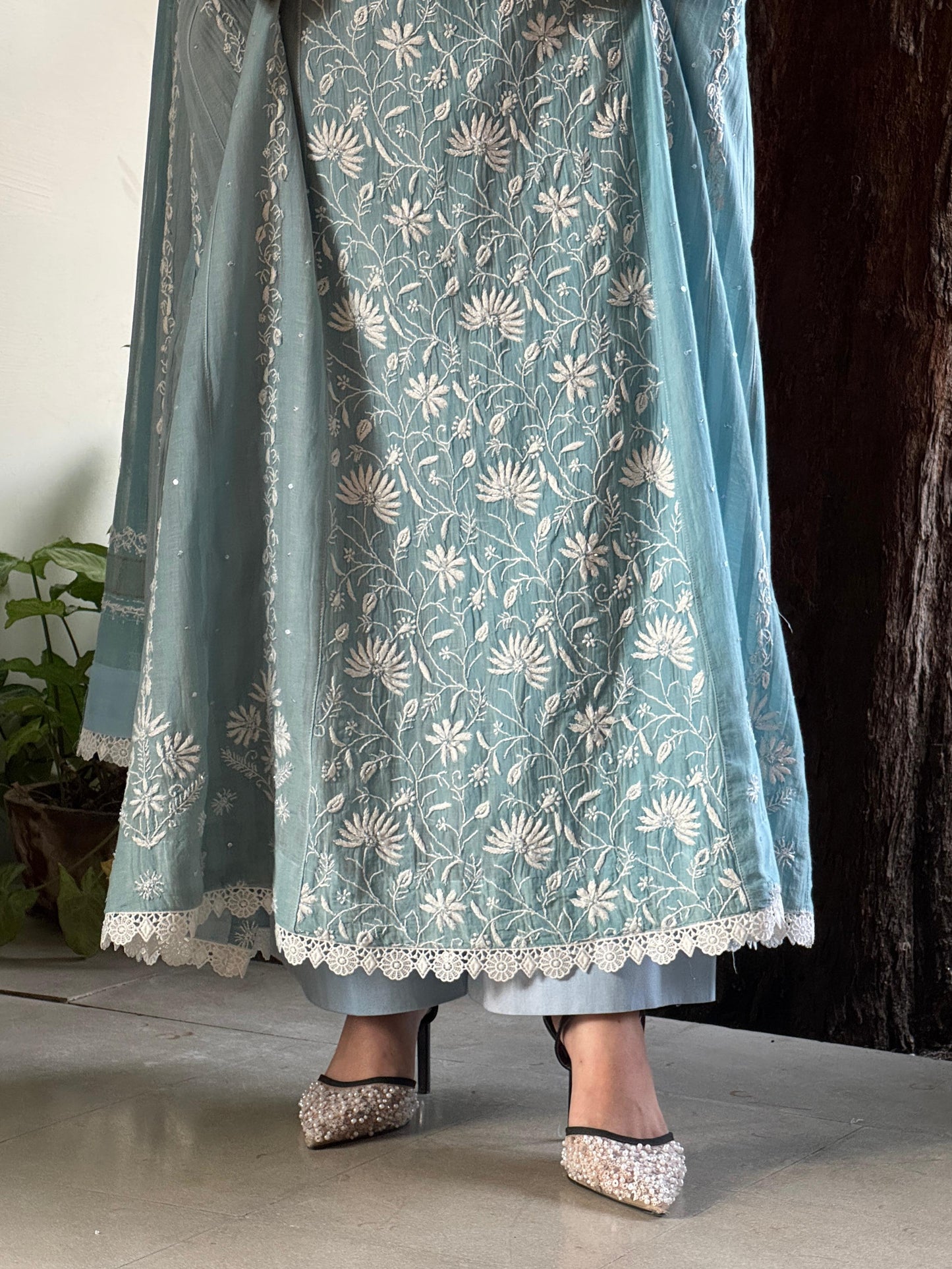 Ice Blue Shade Mulmul Pearl Work Chikankari Anarkali