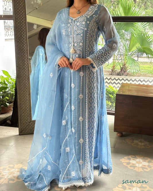 Powder Blue Shade Noor Organza Chikankari Anarkali With Dupatta