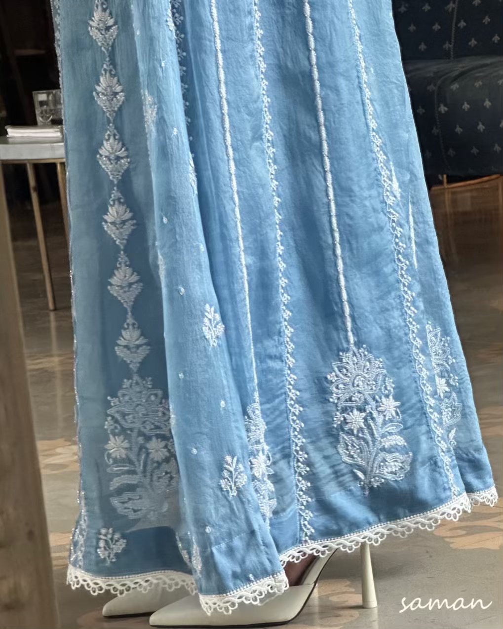 Powder Blue Shade Noor Organza Chikankari Anarkali With Dupatta