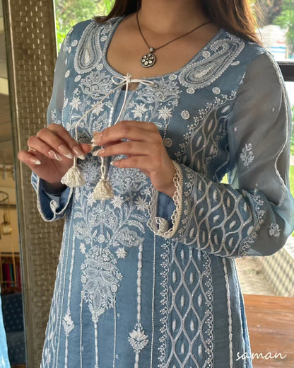 Powder Blue Shade Noor Organza Chikankari Anarkali With Dupatta