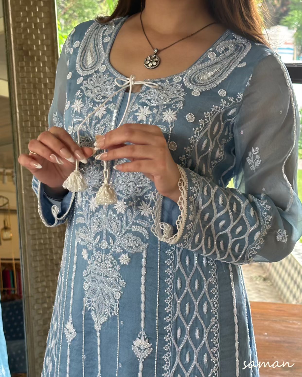 Powder Blue Shade Noor Organza Chikankari Anarkali With Dupatta