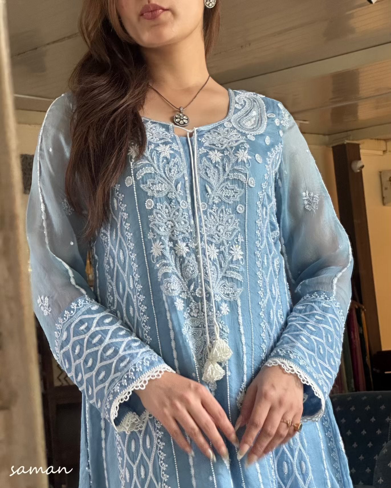 Powder Blue Shade Noor Organza Chikankari Anarkali With Dupatta