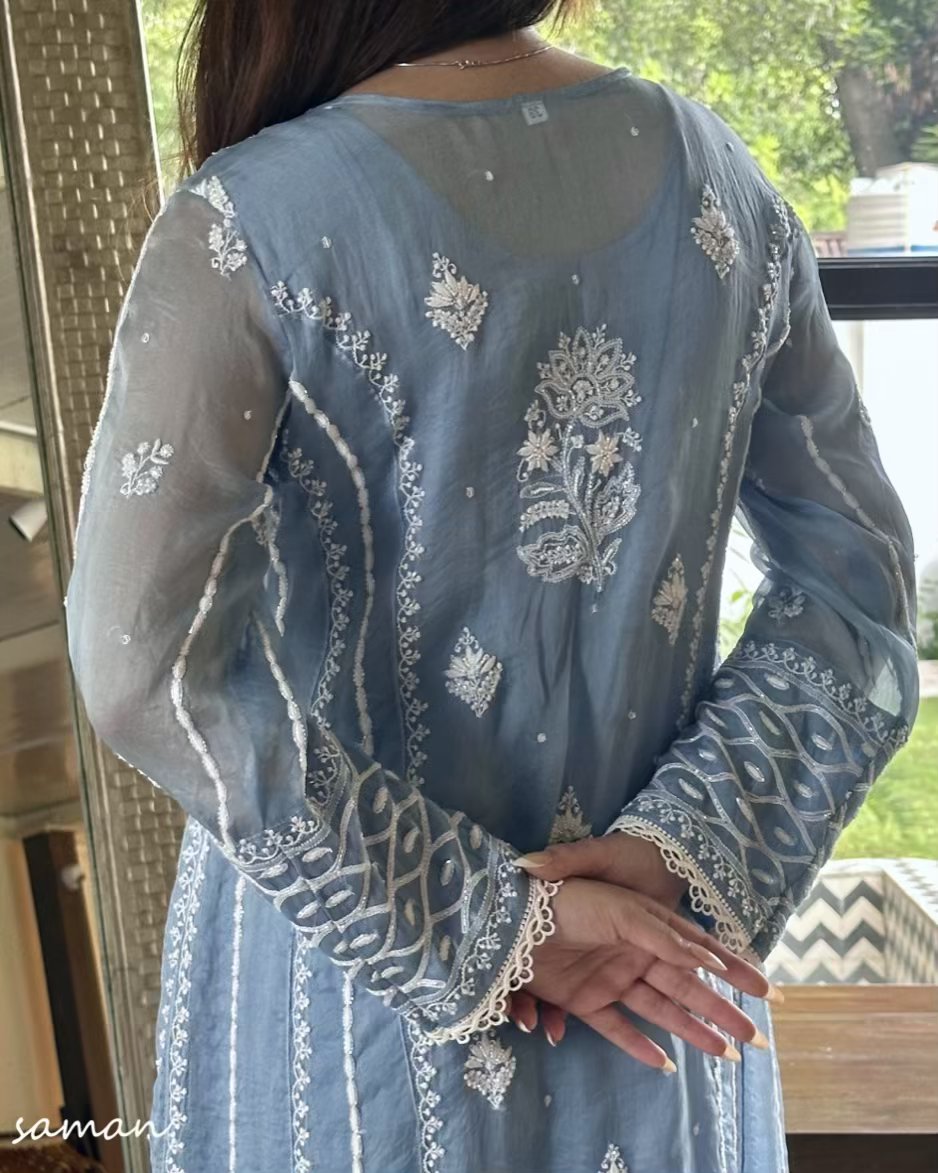 Powder Blue Shade Noor Organza Chikankari Anarkali With Dupatta