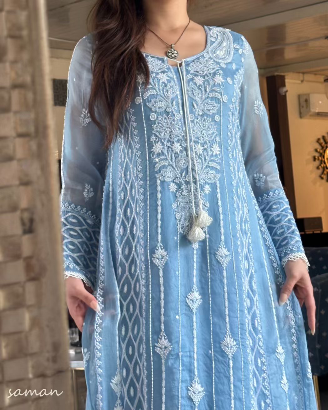 Powder Blue Shade Noor Organza Chikankari Anarkali With Dupatta