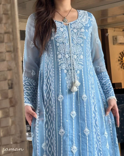 Powder Blue Shade Noor Organza Chikankari Anarkali With Dupatta