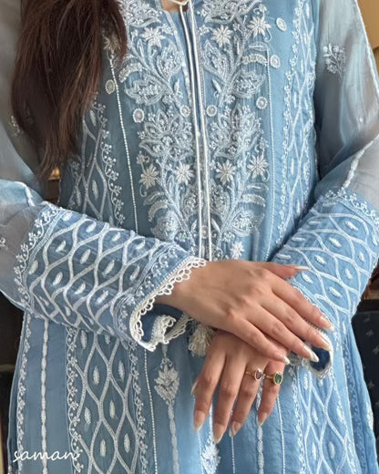 Powder Blue Shade Noor Organza Chikankari Anarkali With Dupatta