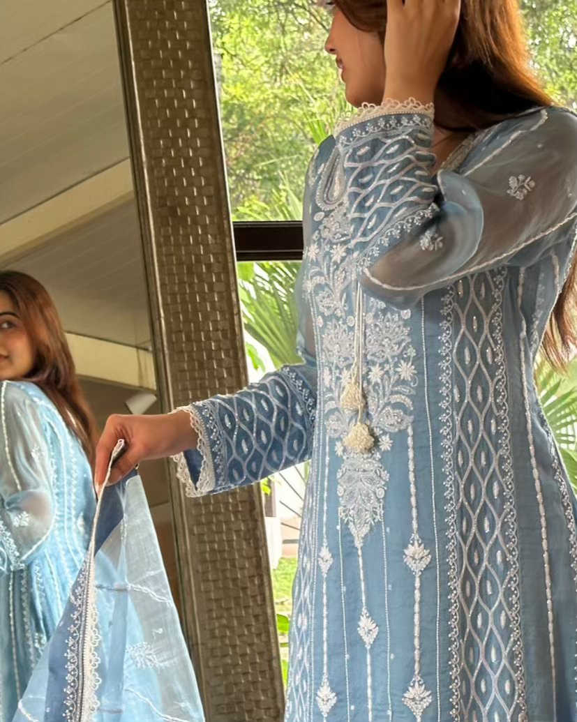 Powder Blue Shade Noor Organza Chikankari Anarkali With Dupatta