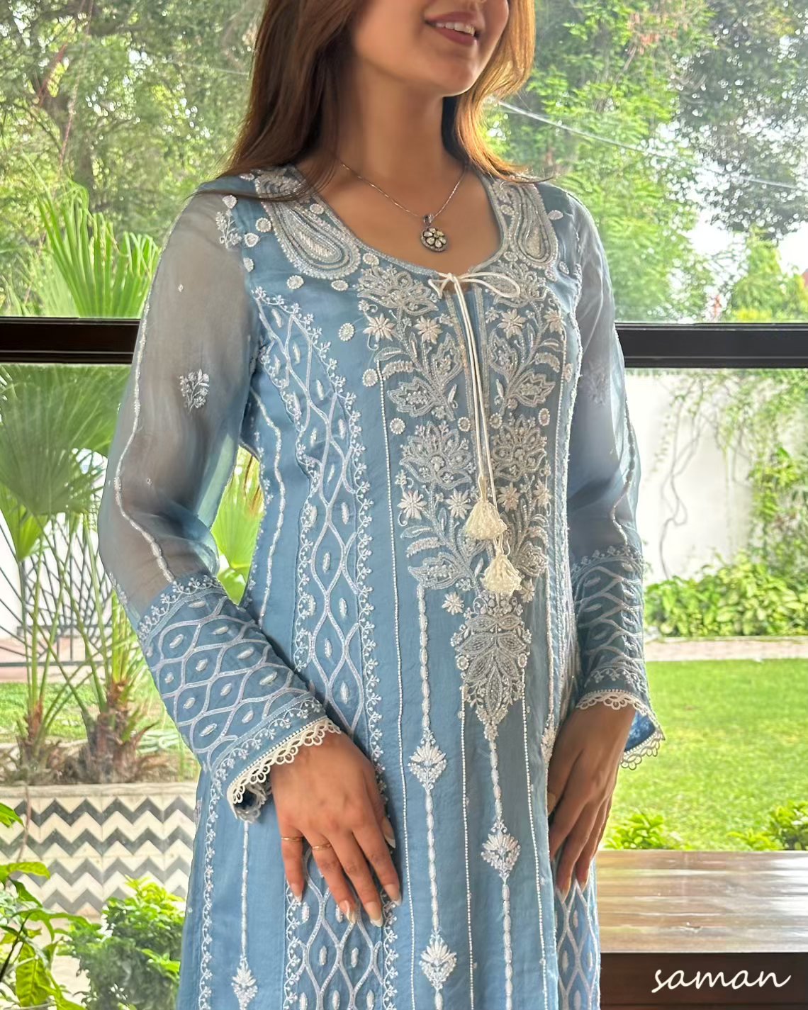 Powder Blue Shade Noor Organza Chikankari Anarkali With Dupatta