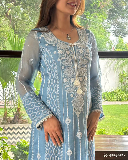 Powder Blue Shade Noor Organza Chikankari Anarkali With Dupatta