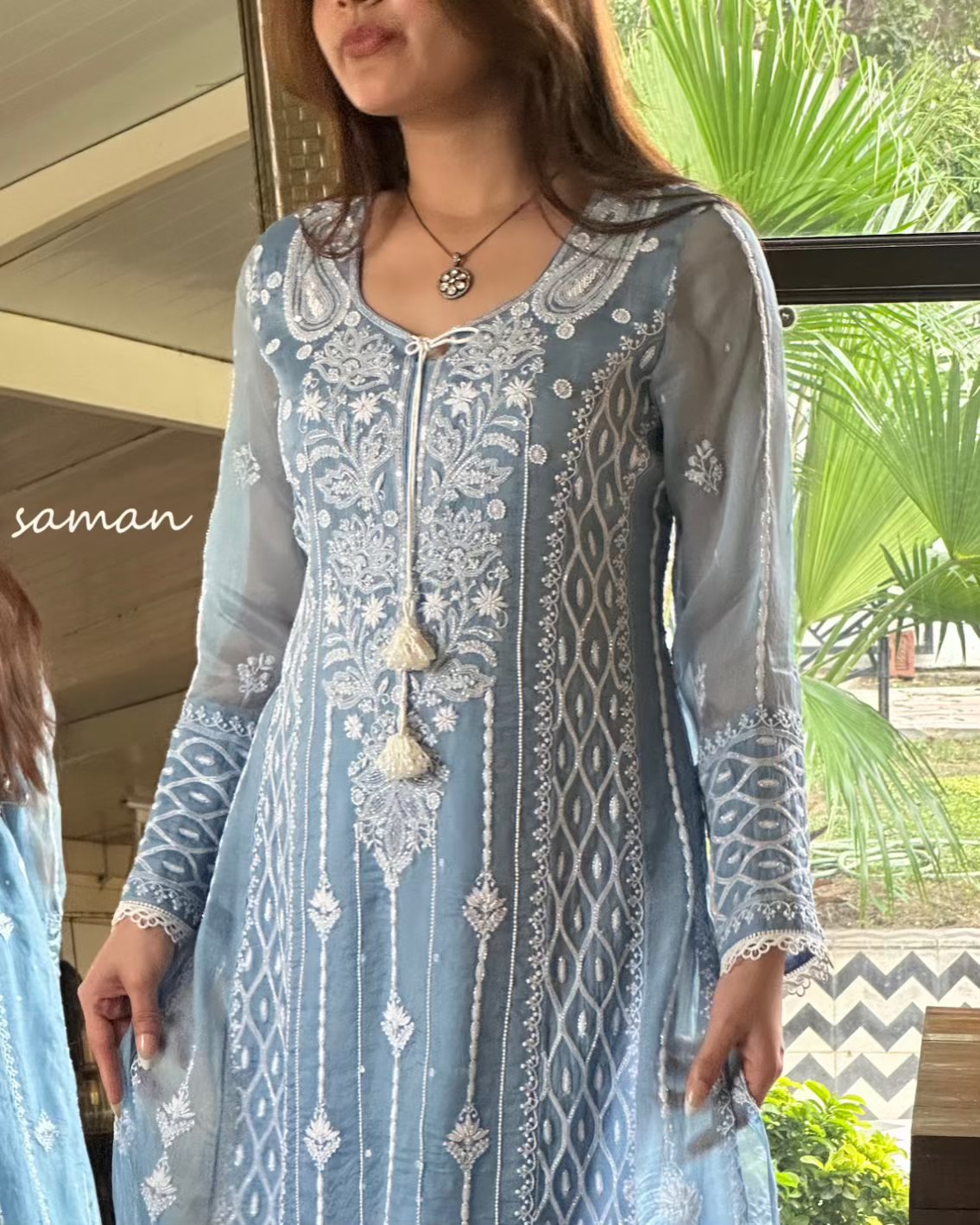 Powder Blue Shade Noor Organza Chikankari Anarkali With Dupatta