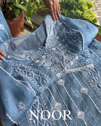 Powder Blue Shade Noor Organza Chikankari Anarkali With Dupatta