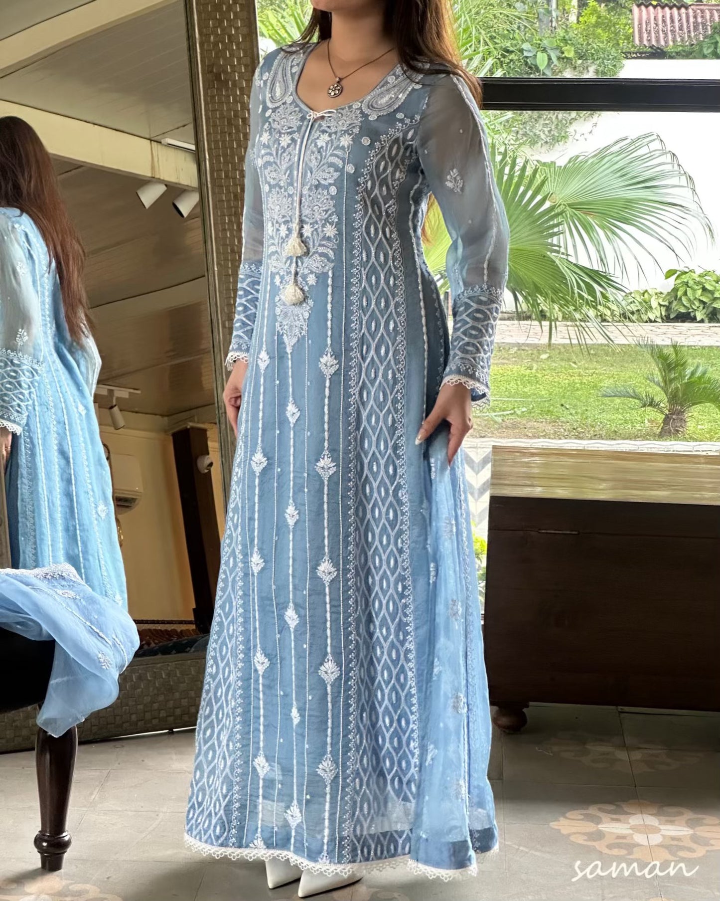 Powder Blue Shade Noor Organza Chikankari Anarkali With Dupatta