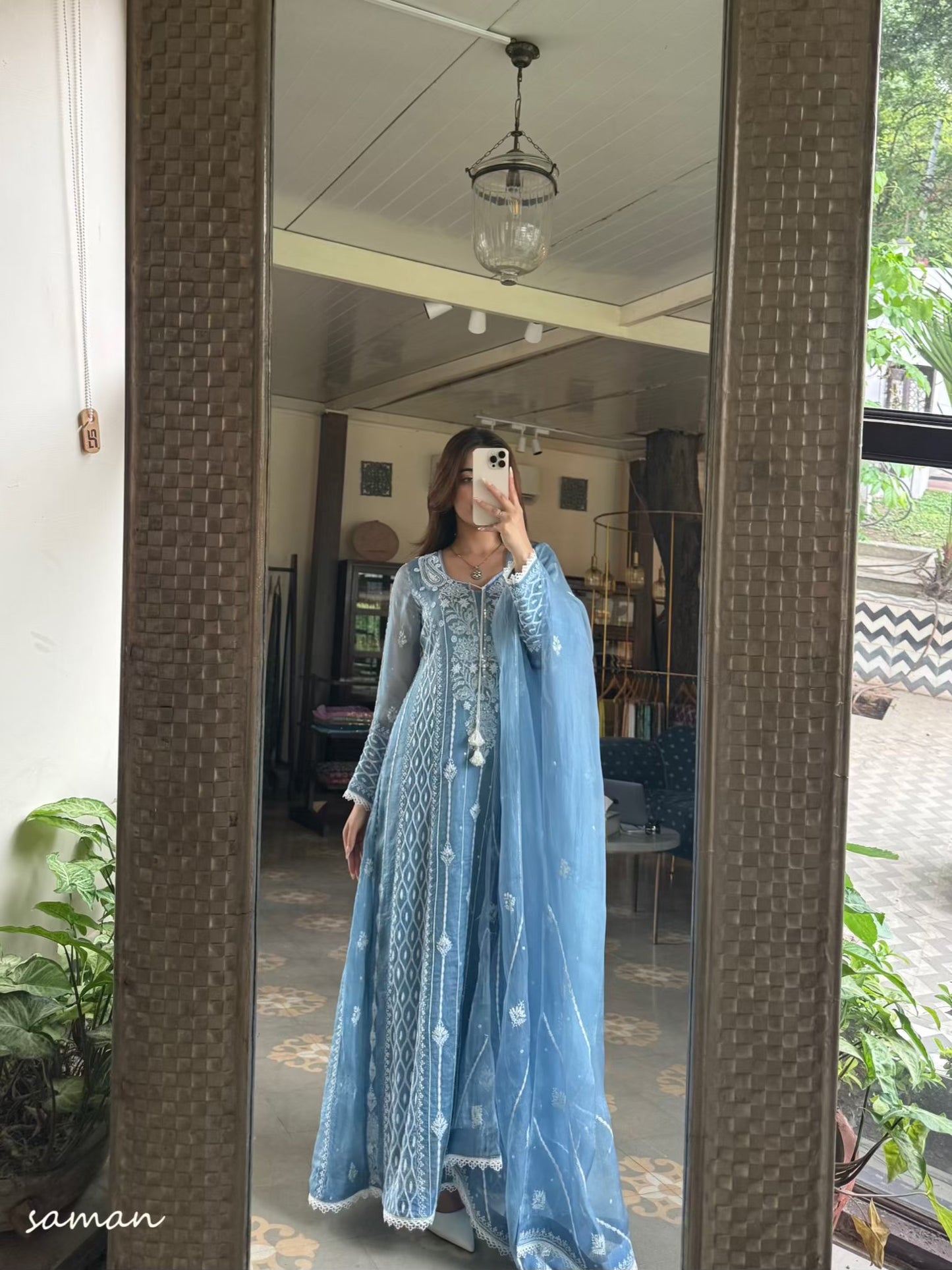 Powder Blue Shade Noor Organza Chikankari Anarkali With Dupatta