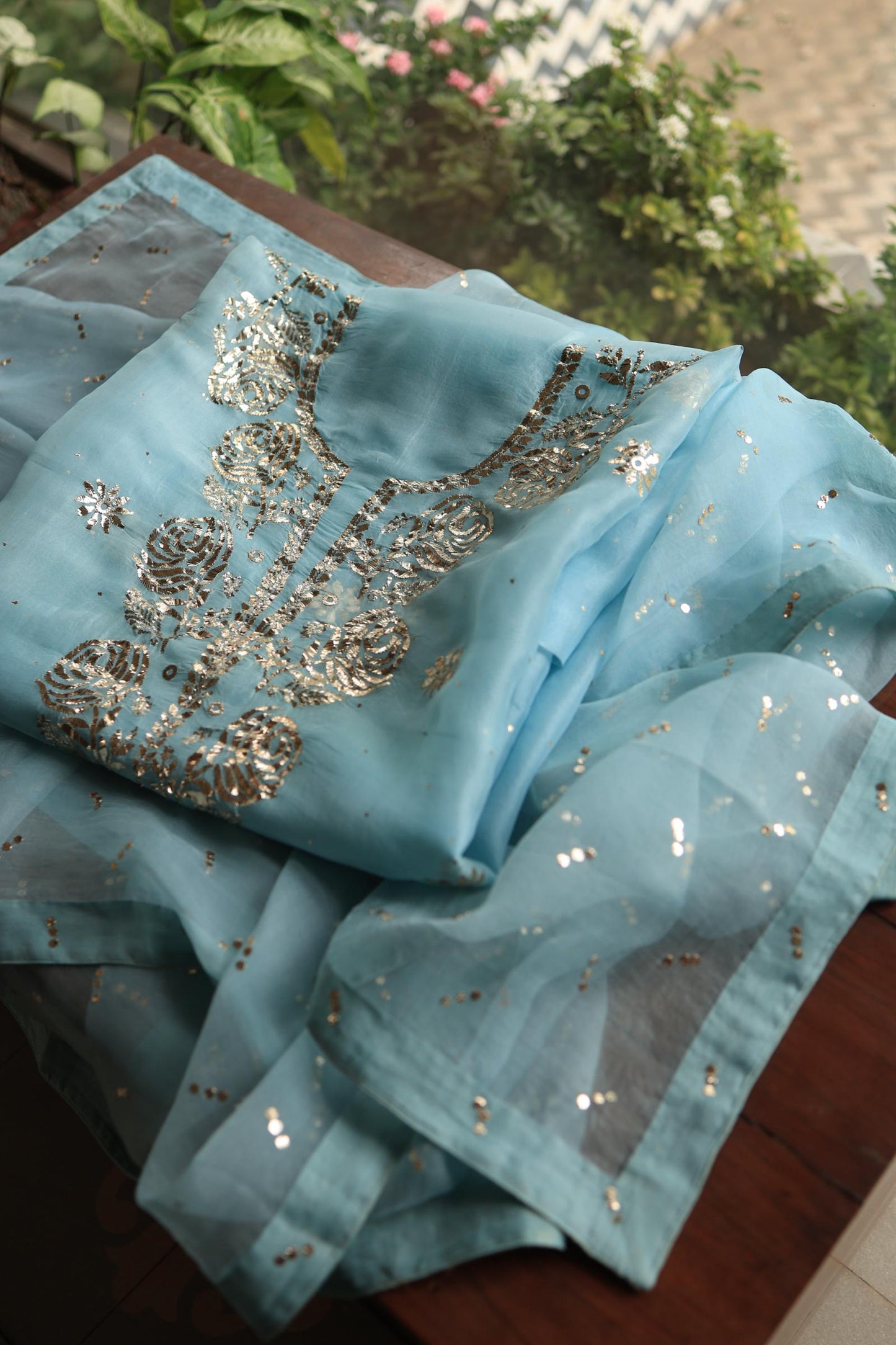 Powder Blue Shade Noor Organza Silk Chikankari Unstitched Kurta Dupatta Set