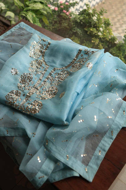 Powder Blue Shade Noor Organza Silk Chikankari Unstitched Kurta Dupatta Set