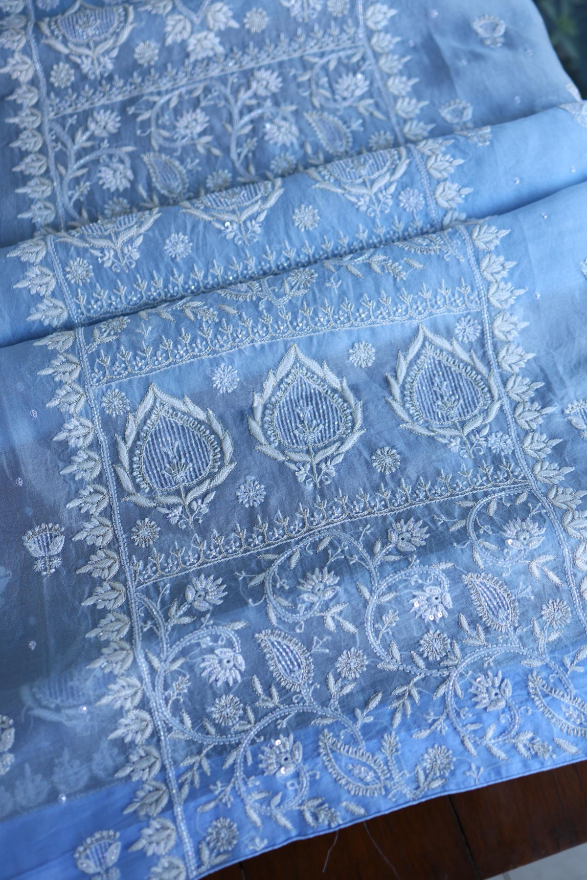 Powder Blue Shade Noor Organza Silk Chikankari Unstitched Kurta Dupatta Set