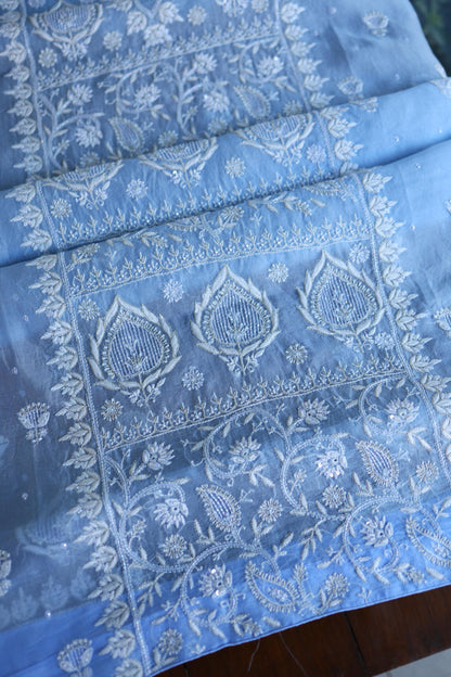 Powder Blue Shade Noor Organza Silk Chikankari Unstitched Kurta Dupatta Set