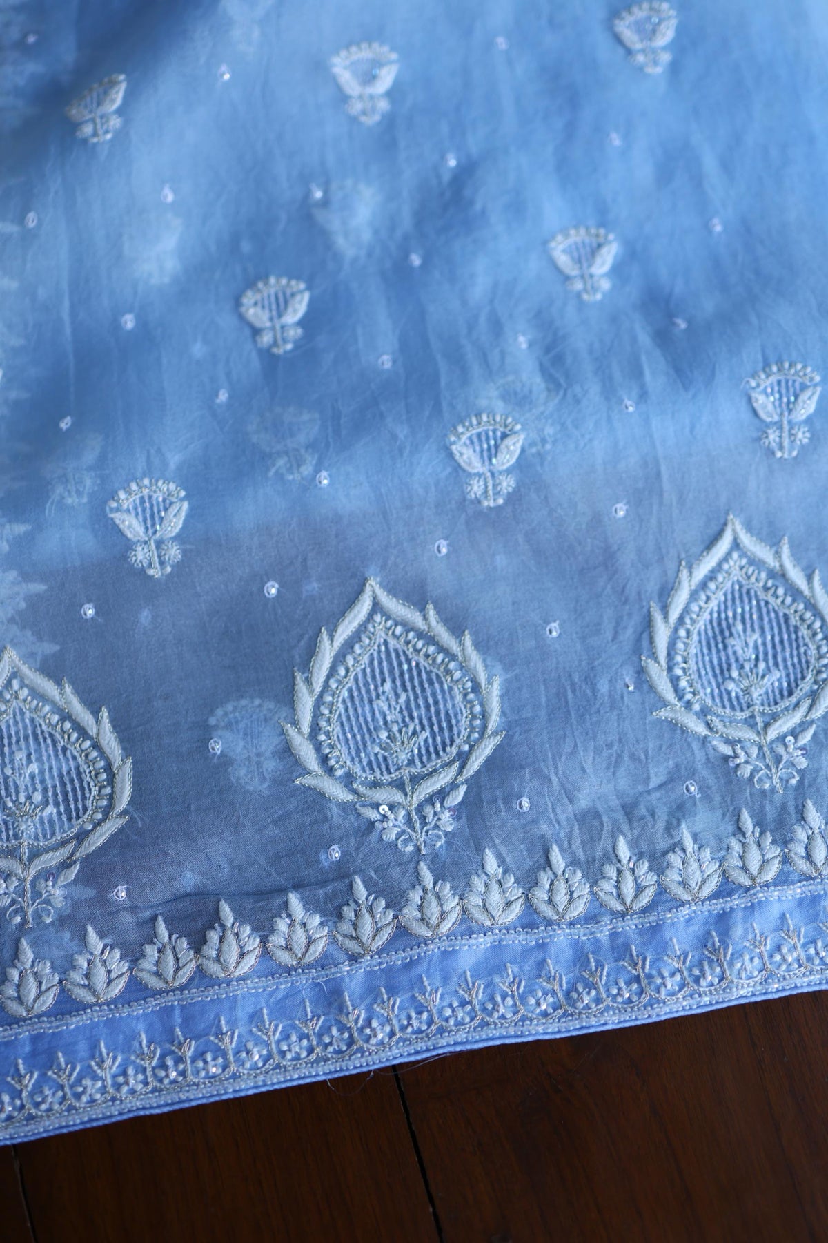 Powder Blue Shade Noor Organza Silk Chikankari Unstitched Kurta Dupatta Set