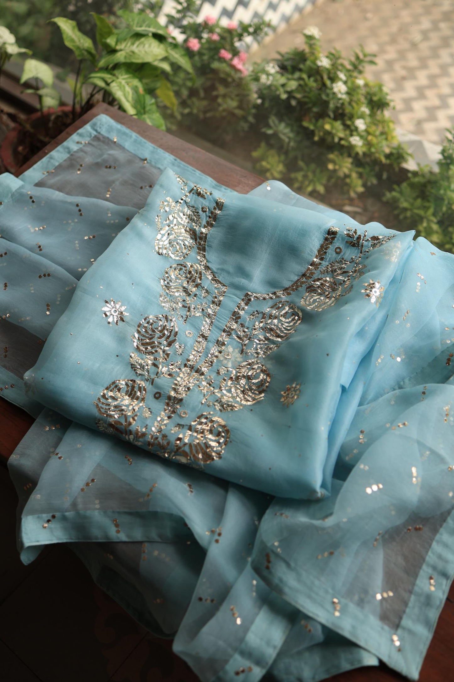 Powder Blue Shade Noor Organza Silk Chikankari Unstitched Kurta Dupatta Set