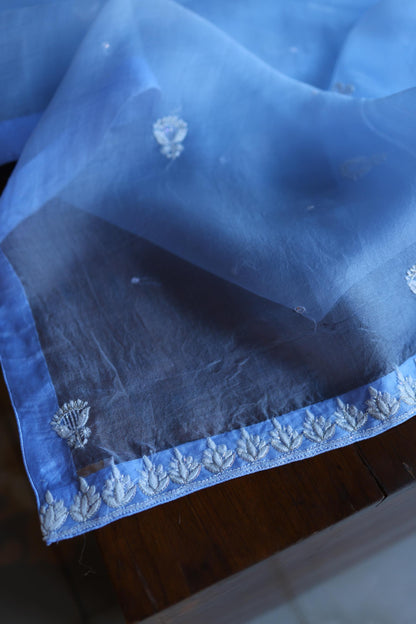 Powder Blue Shade Noor Organza Silk Chikankari Unstitched Kurta Dupatta Set