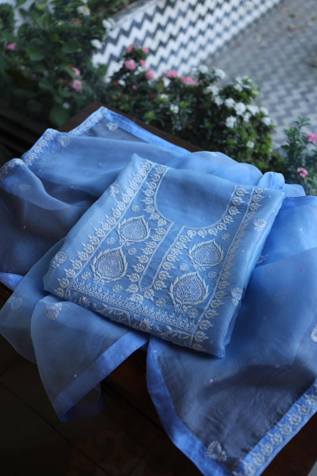 Powder Blue Shade Noor Organza Silk Chikankari Unstitched Kurta Dupatta Set