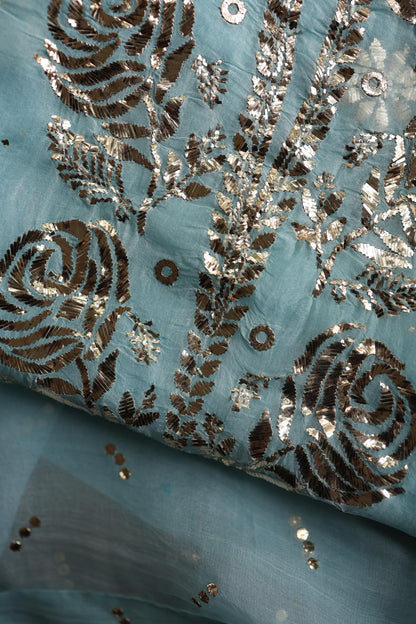 Powder Blue Shade Noor Organza Silk Chikankari Unstitched Kurta Dupatta Set