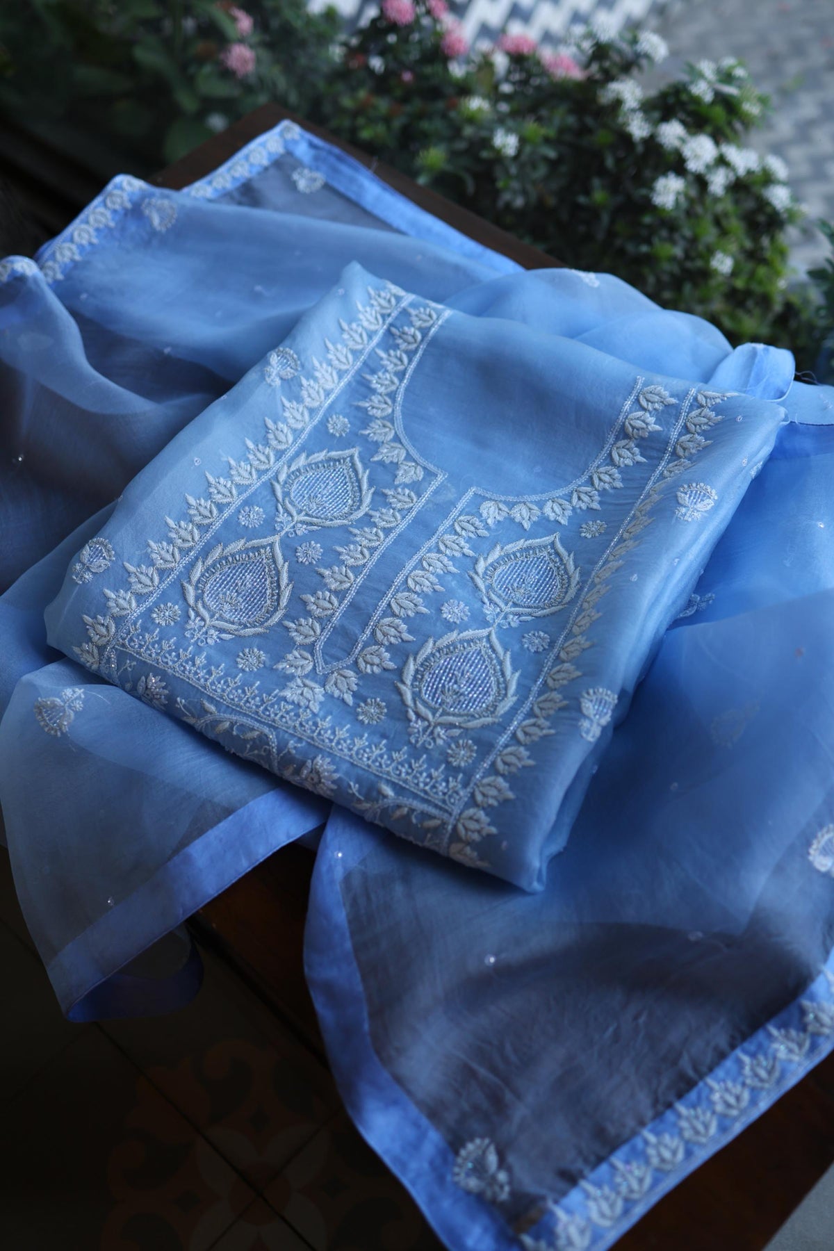 Powder Blue Shade Noor Organza Silk Chikankari Unstitched Kurta Dupatta Set