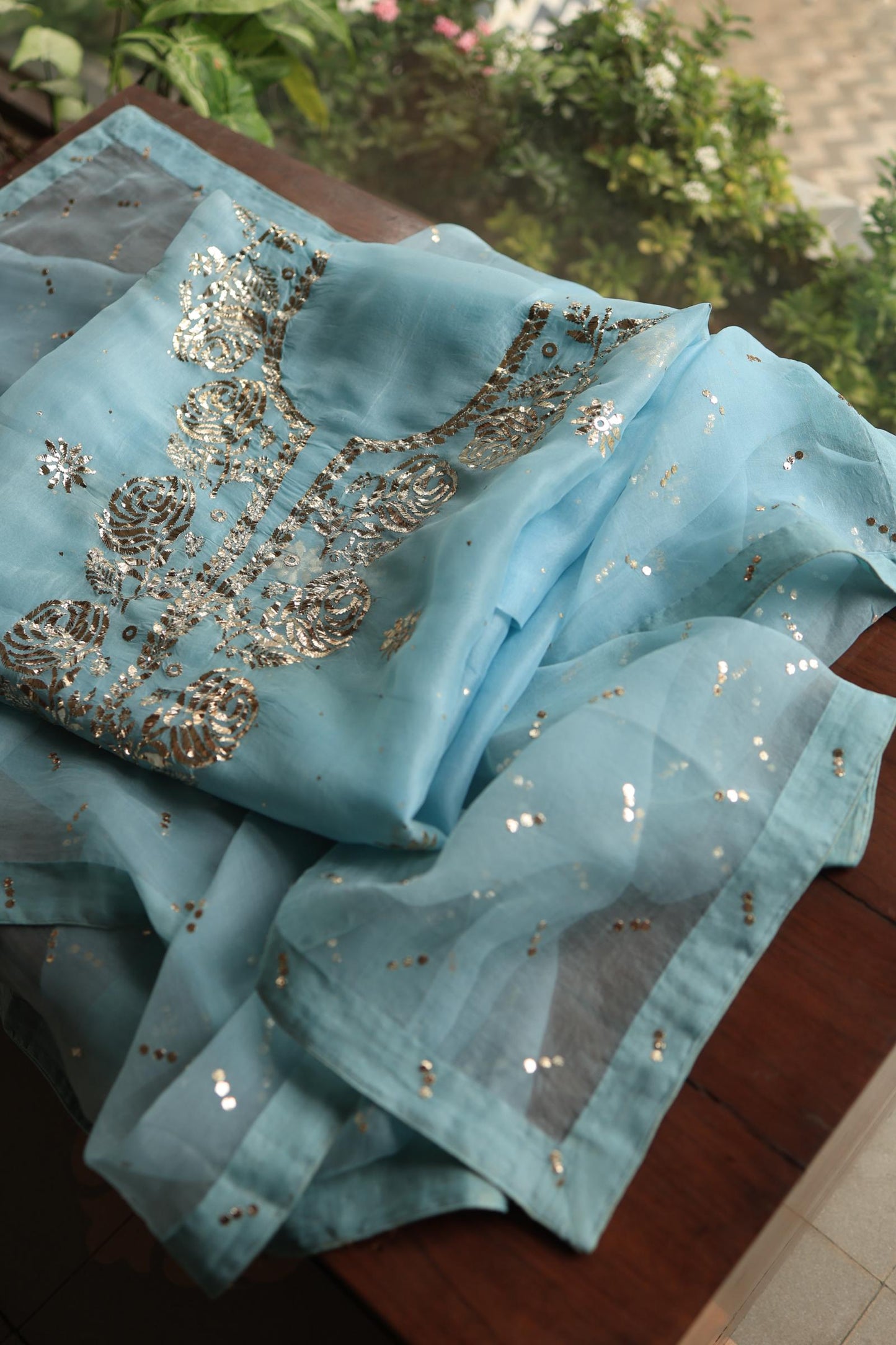 Powder Blue Shade Noor Organza Silk Chikankari Unstitched Kurta Dupatta Set