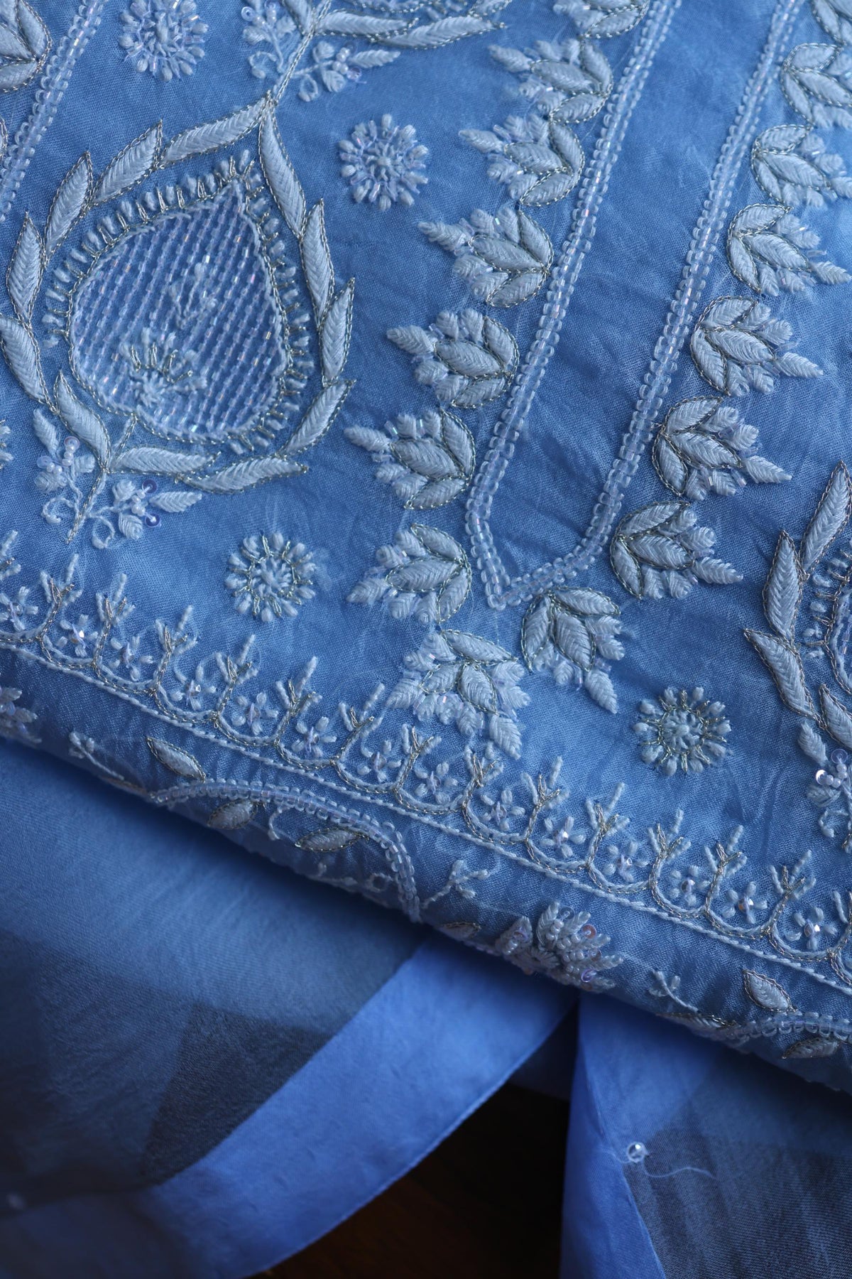 Powder Blue Shade Noor Organza Silk Chikankari Unstitched Kurta Dupatta Set