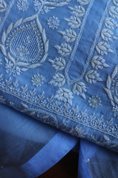 Powder Blue Shade Noor Organza Silk Chikankari Unstitched Kurta Dupatta Set
