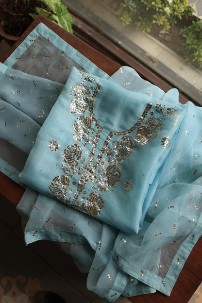 Powder Blue Shade Noor Organza Silk Chikankari Unstitched Kurta Dupatta Set