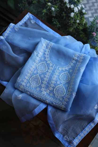 Powder Blue Shade Noor Organza Silk Chikankari Unstitched Kurta Dupatta Set