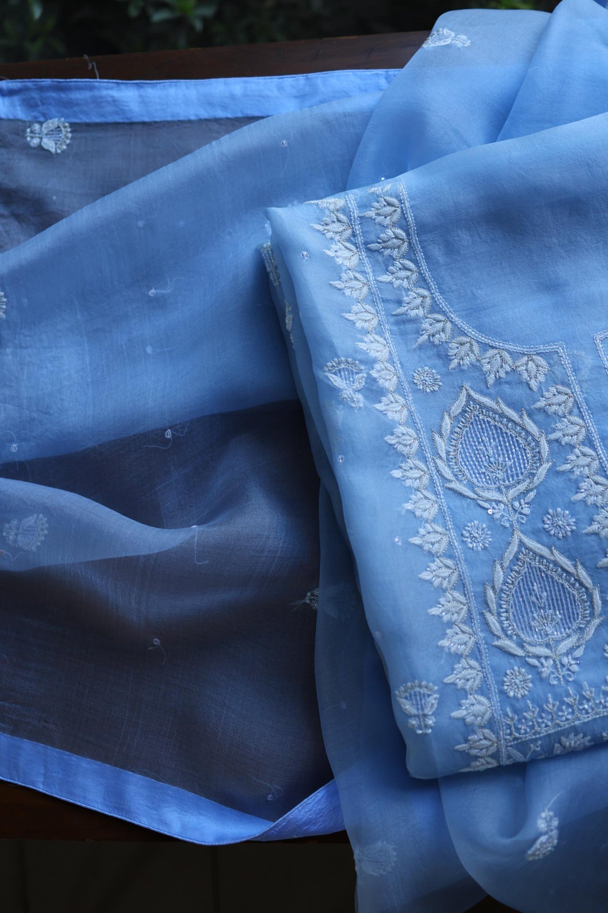 Powder Blue Shade Noor Organza Silk Chikankari Unstitched Kurta Dupatta Set