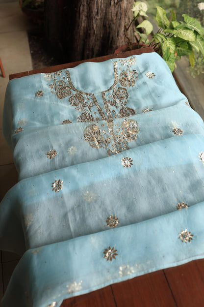 Powder Blue Shade Noor Organza Silk Chikankari Unstitched Kurta Dupatta Set