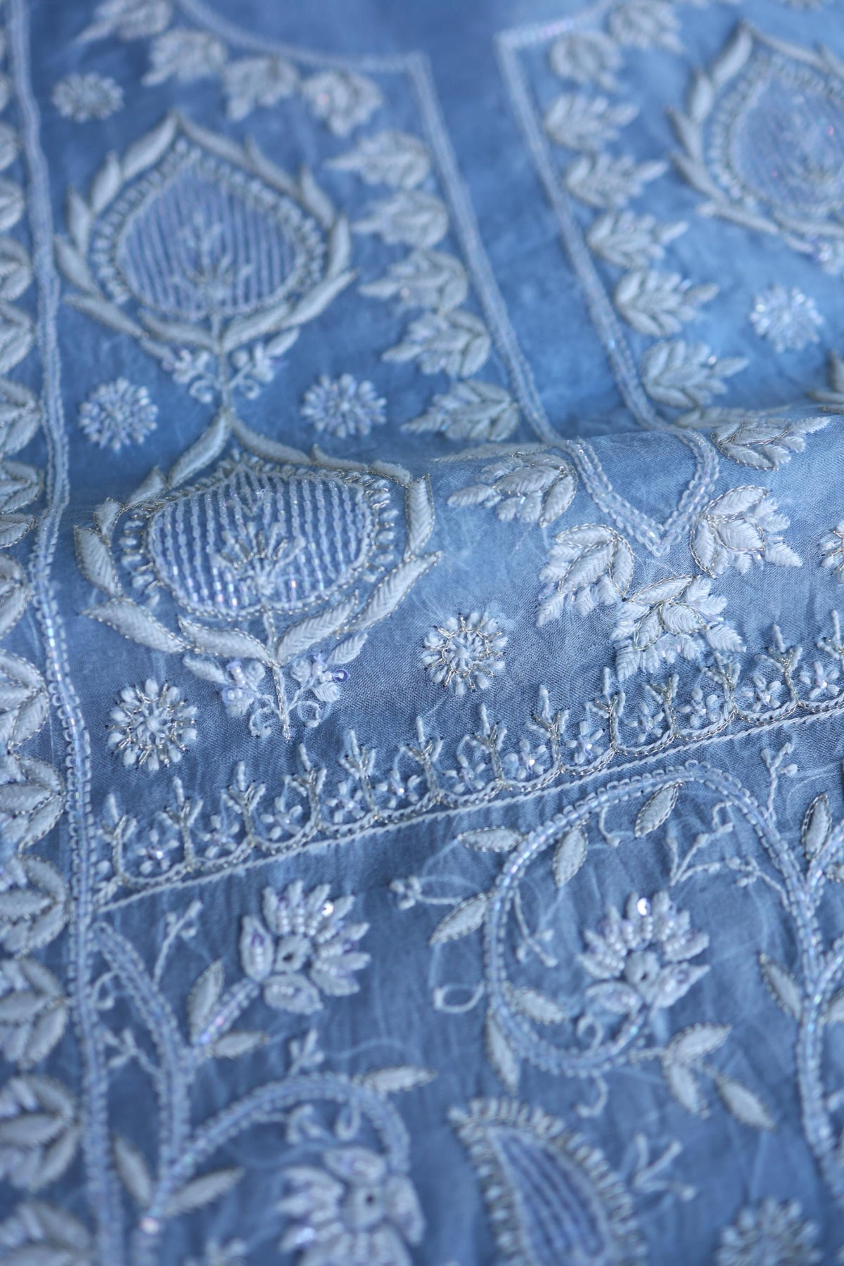 Powder Blue Shade Noor Organza Silk Chikankari Unstitched Kurta Dupatta Set