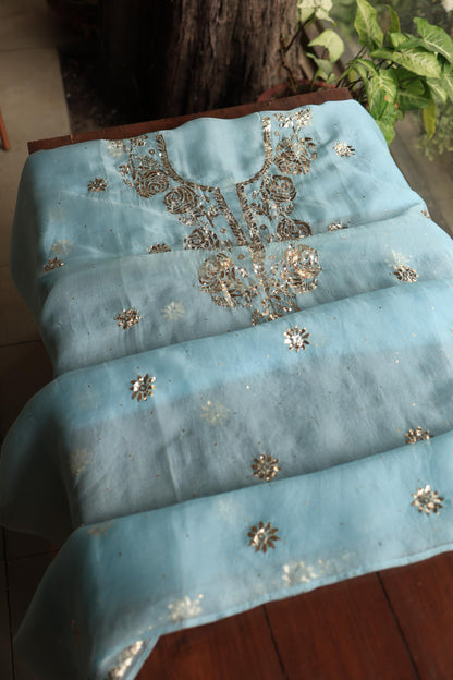 Powder Blue Shade Noor Organza Silk Chikankari Unstitched Kurta Dupatta Set