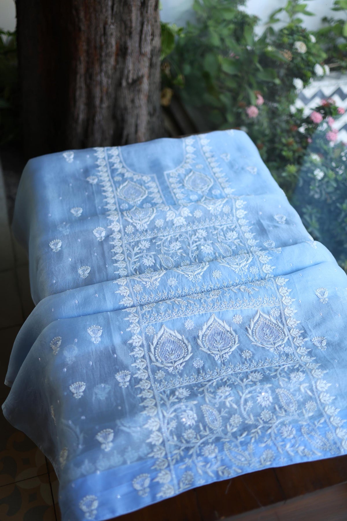 Powder Blue Shade Noor Organza Silk Chikankari Unstitched Kurta Dupatta Set