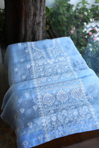 Powder Blue Shade Noor Organza Silk Chikankari Unstitched Kurta Dupatta Set