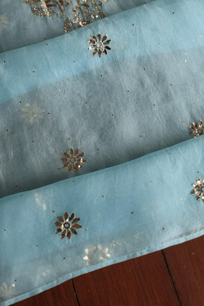 Powder Blue Shade Noor Organza Silk Chikankari Unstitched Kurta Dupatta Set