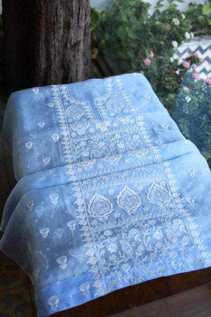 Powder Blue Shade Noor Organza Silk Chikankari Unstitched Kurta Dupatta Set