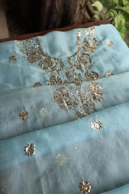 Powder Blue Shade Noor Organza Silk Chikankari Unstitched Kurta Dupatta Set