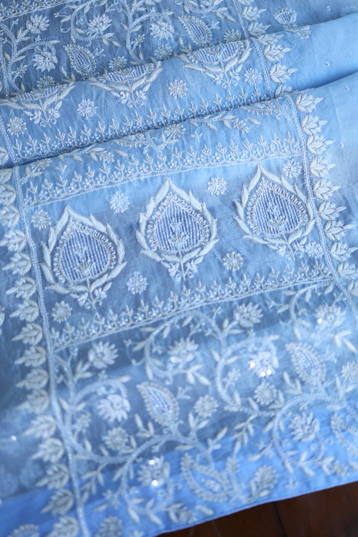 Powder Blue Shade Noor Organza Silk Chikankari Unstitched Kurta Dupatta Set