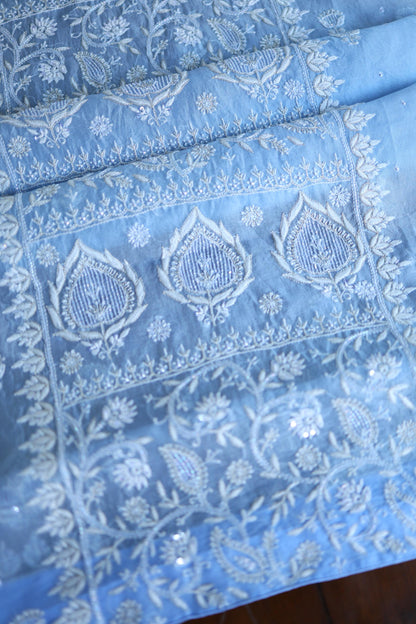 Powder Blue Shade Noor Organza Silk Chikankari Unstitched Kurta Dupatta Set