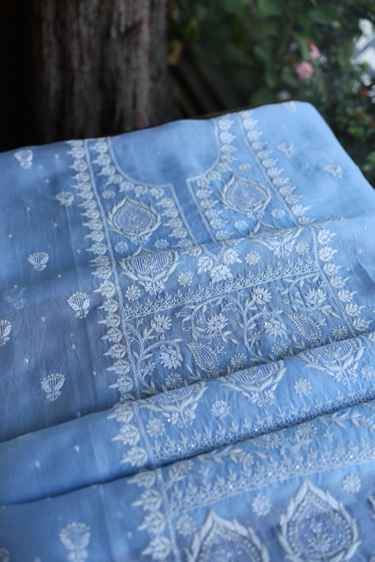 Powder Blue Shade Noor Organza Silk Chikankari Unstitched Kurta Dupatta Set
